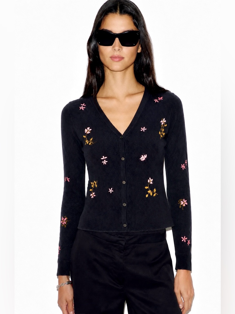NWOT Favorite Daughter Ribbed V-Neck Captivating Cardigan Black w/Floral | XS
